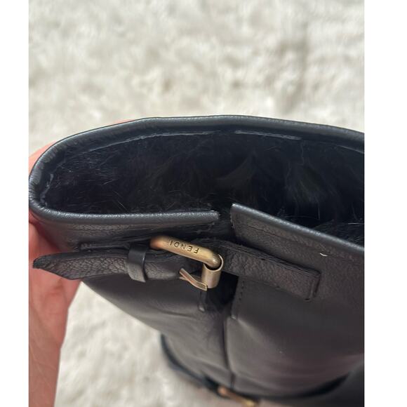 Fendi Rabbit Fur Lined Motorcycle Boot Moto Black Leather Gold Hardware - Picture 3 of 8